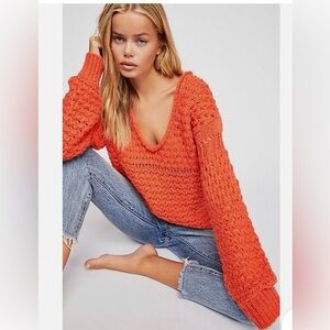 Free People Bright Orange Open-Knit Scoop Neck Sweater